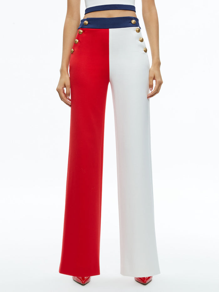 NARIN HIGH RISE BUTTON FRONT PANT - BRIGHT RUBY/OFF WHITE/INDIGO