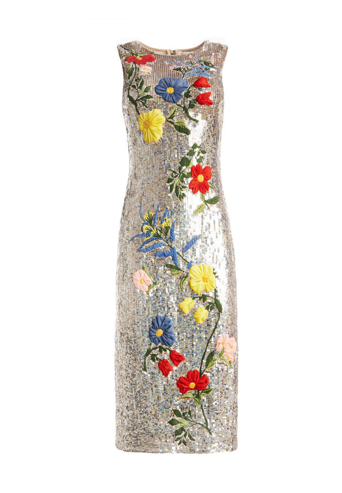 NAT EMB MIDLENGTH FITTED DRS - ANTIQUE SILVER/MULTI