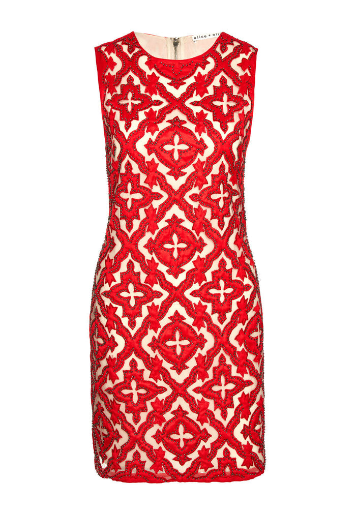 NAT EMBELL MINI FITTED DRESS - POPPY/CHAMPAGNE
