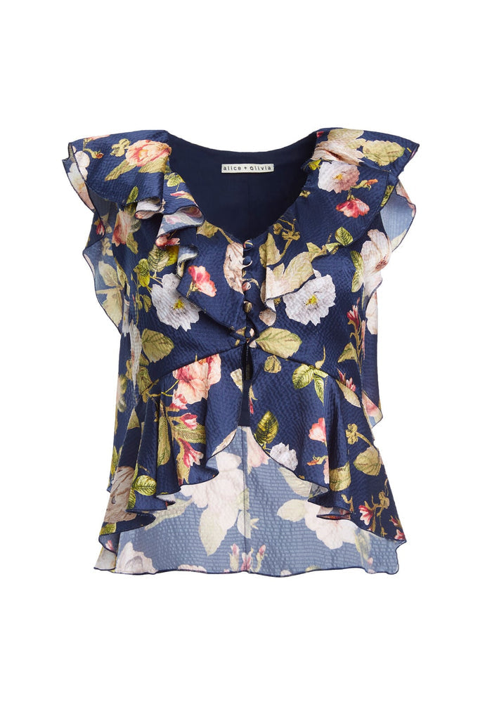 NORA RUFFLE PEPLUM BLOUSE - HAZY FLORAL-SAPPHIRE