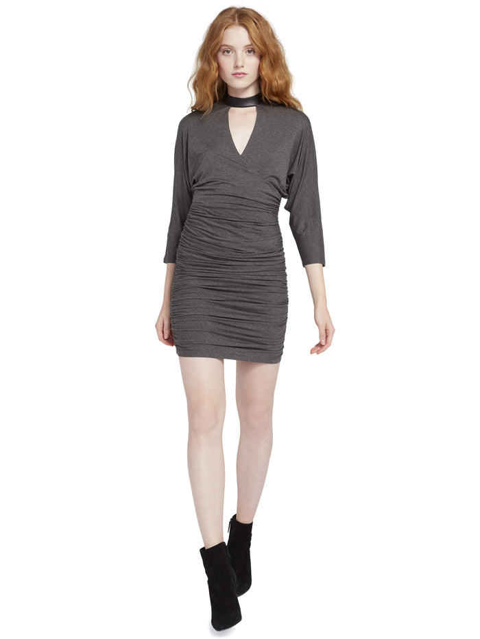 PACE LEATHER COLLAR MINI DRESS - CHARCOAL