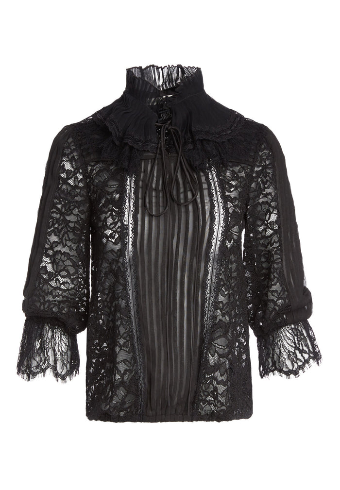 PAULETTA PLEATED TIE NK BLOUS - BLACK
