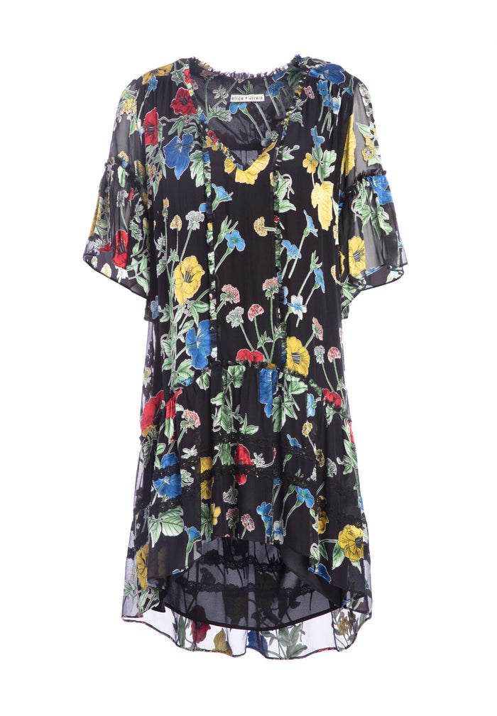 PAULINE RUFFLE TUNIC DRESS - MED SEINE GARDEN BLACK/MULTI