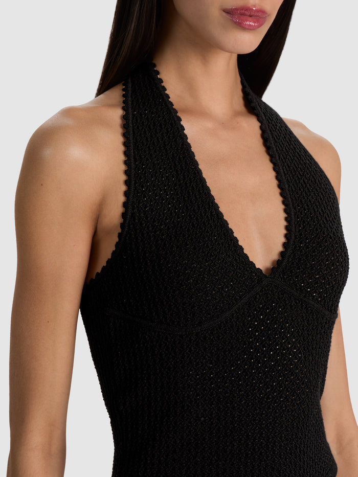 PEARL POINTELLE TIE BACK HALTER - BLACK