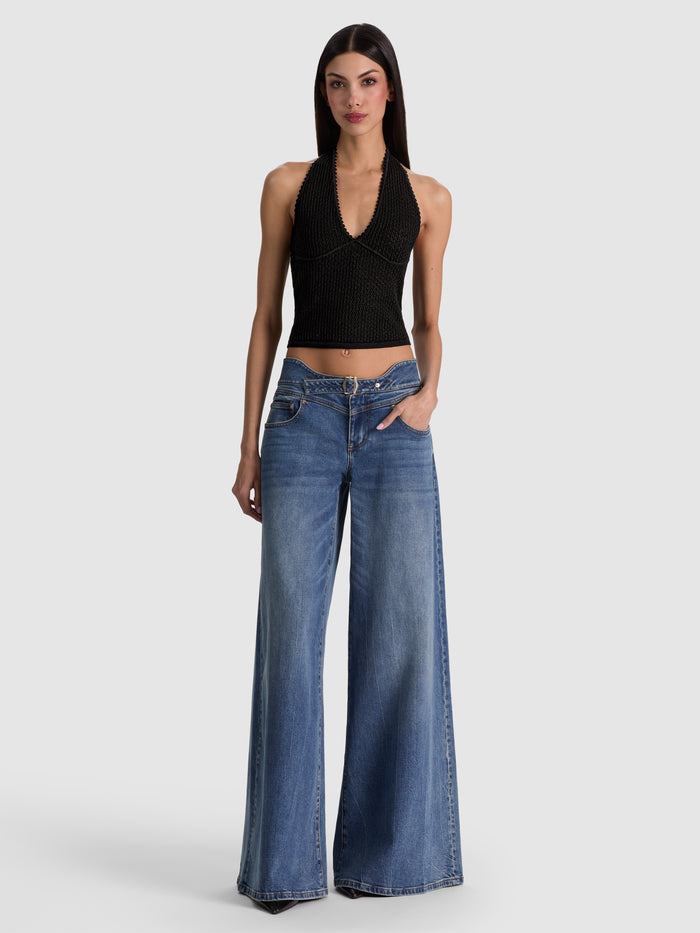 PEARL POINTELLE TIE BACK HALTER - BLACK