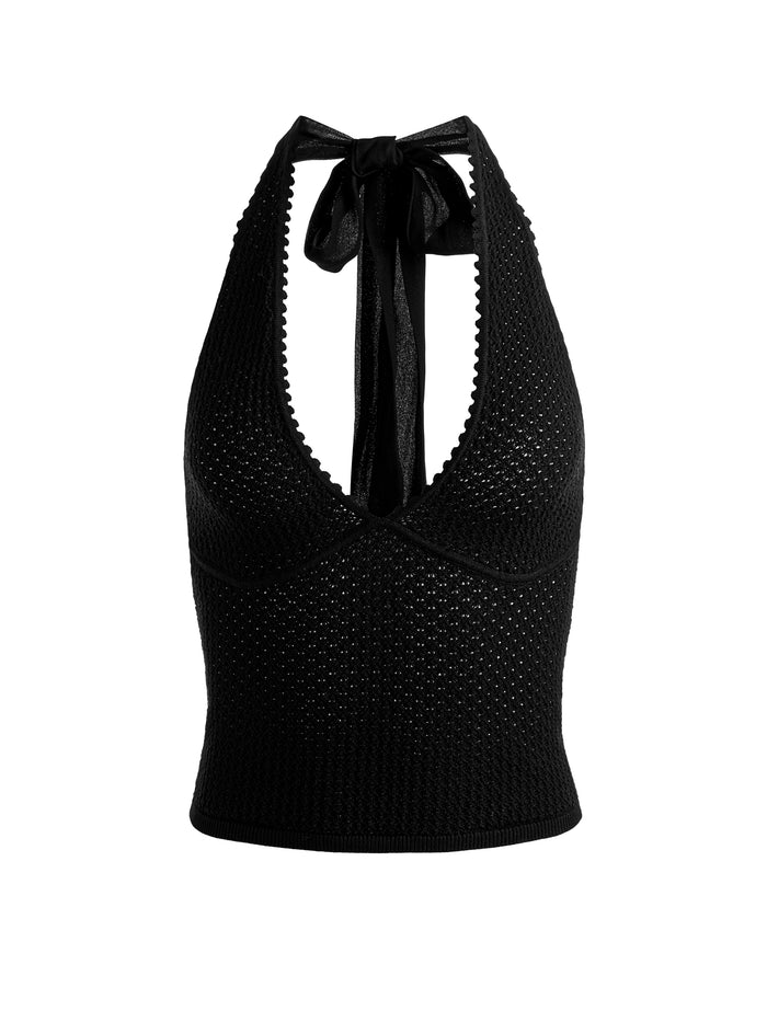 PEARL POINTELLE TIE BACK HALTER - BLACK