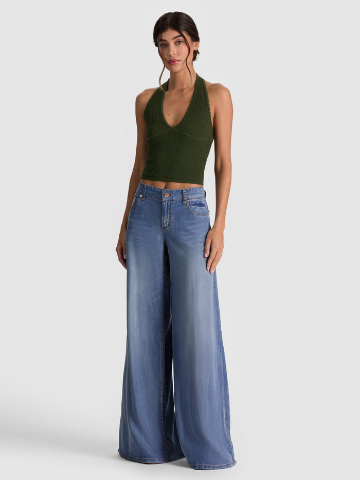 PEARL POINTELLE TIE BACK HALTER - DARK FERN
