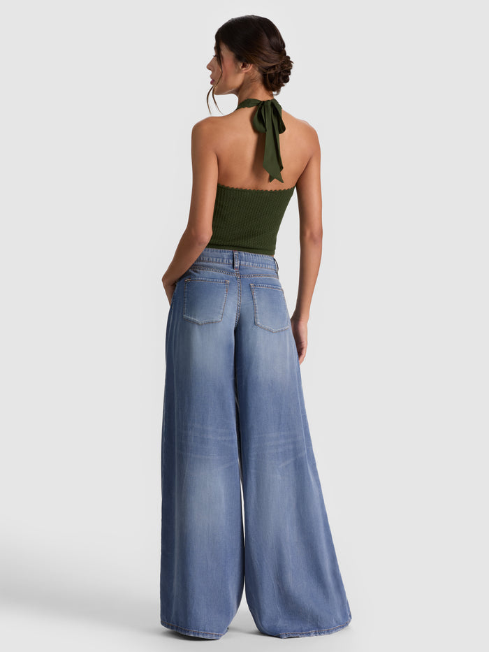 PEARL POINTELLE TIE BACK HALTER - DARK FERN