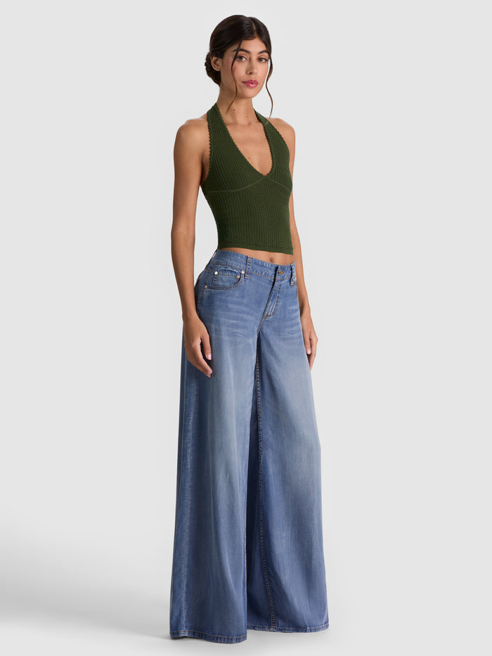 PEARL POINTELLE TIE BACK HALTER - DARK FERN