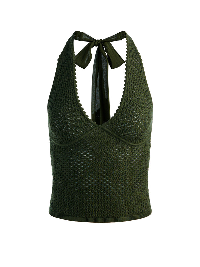 PEARL POINTELLE TIE BACK HALTER - DARK FERN