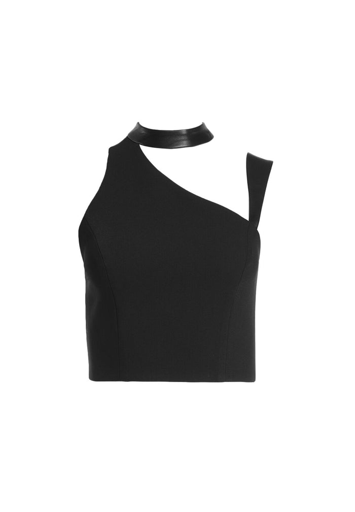 PORTER LTHR COMBO CUTOUT TOP - BLACK