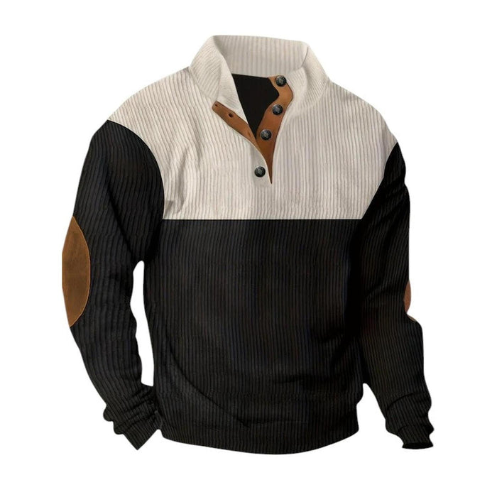Pullover Sweater Men Ribbed Quarter Button Stand Collar Long Sleeve Elbow Patches