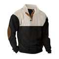 Pullover Sweater Men Ribbed Quarter Button Stand Collar Long Sleeve Elbow Patches