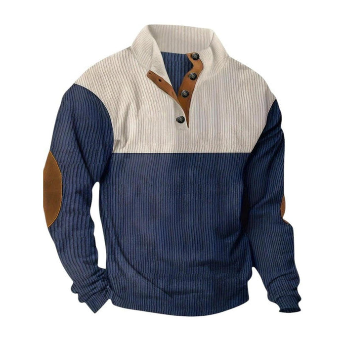 Pullover Sweater Men Ribbed Quarter Button Stand Collar Long Sleeve Elbow Patches