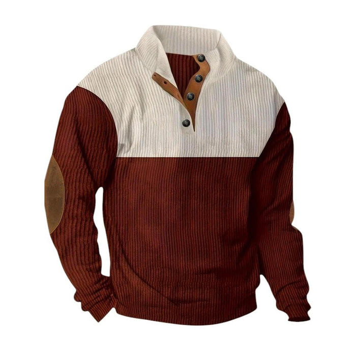 Pullover Sweater Men Ribbed Quarter Button Stand Collar Long Sleeve Elbow Patches