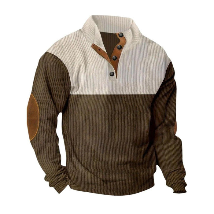 Pullover Sweater Men Ribbed Quarter Button Stand Collar Long Sleeve Elbow Patches