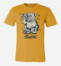 Mustard yellow t-shirt by The Great PNW featuring a graphic illustration of a bulldog drinking a can of Rainier Beer with the word "Raindog" written in cursive below.