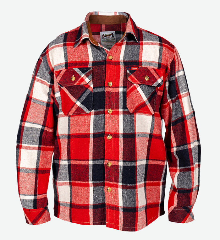 Long-sleeve button-up flannel shirt by The Great PNW in a classic red, white, and navy blue plaid pattern. The shirt features a brown corduroy collar lining, two buttoned chest pockets, and a small red Rainier Beer tag on the left pocket