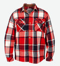 Long-sleeve button-up flannel shirt by The Great PNW in a classic red, white, and navy blue plaid pattern. The shirt features a brown corduroy collar lining, two buttoned chest pockets, and a small red Rainier Beer tag on the left pocket