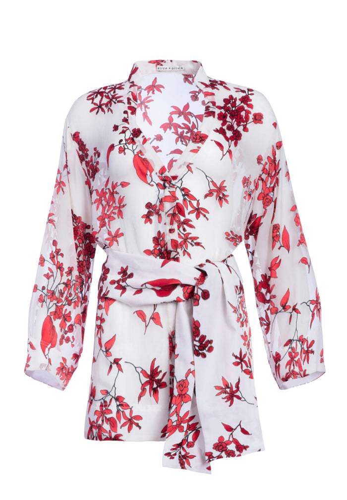 ROSARIO TIE WAIST KIMONO TOP - VINE FLORAL SOFT WHT/CHERRY