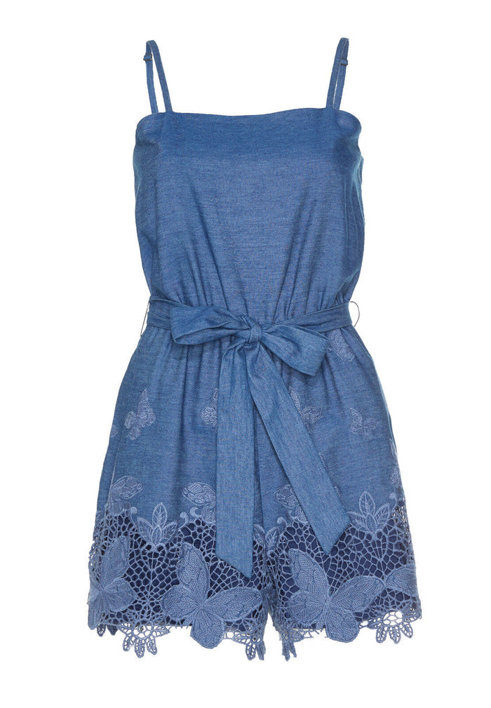 ROSETTA ROMPER W TIE BELT - CHAMBRAY