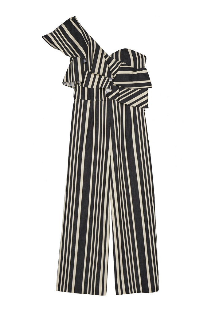 SABEEN RUFFLE TOP CROP JMPSUIT - BLACK/WHITE