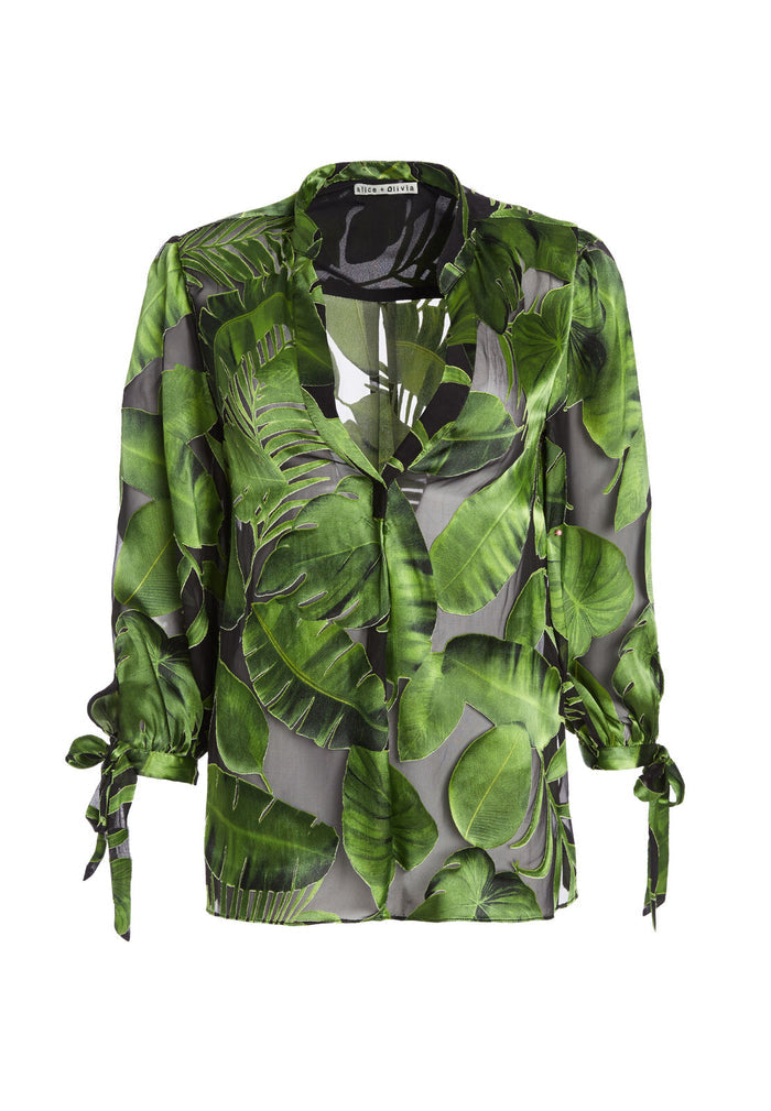 SHEILA BLOUSON SLV HENLEY TOP - TROPICAL LEAVES-BLACK
