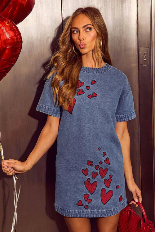 Short Sleeve Red Heart Denim Mini Dress
