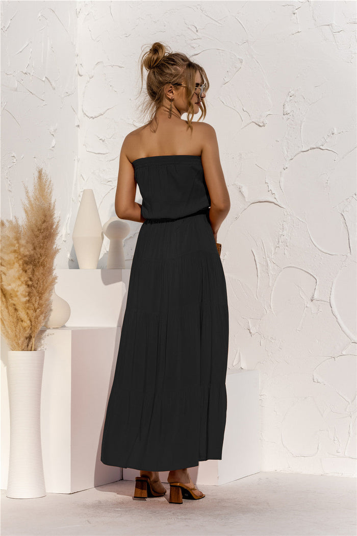 Strapless Tie Waist Tiered Maxi Dress
