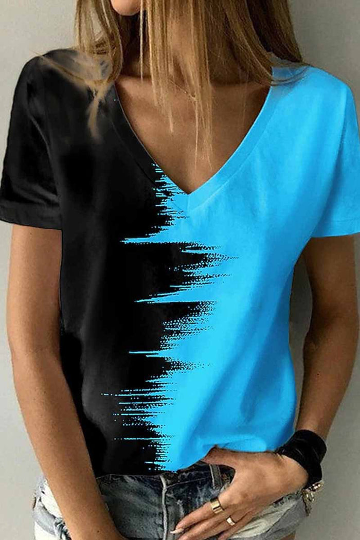 Street Print Patchwork V Neck T-Shirts