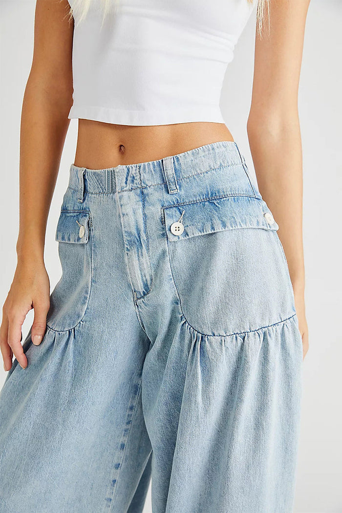 Street Solid Patchwork High Waist Loose Denim Jeans(3 Colors)