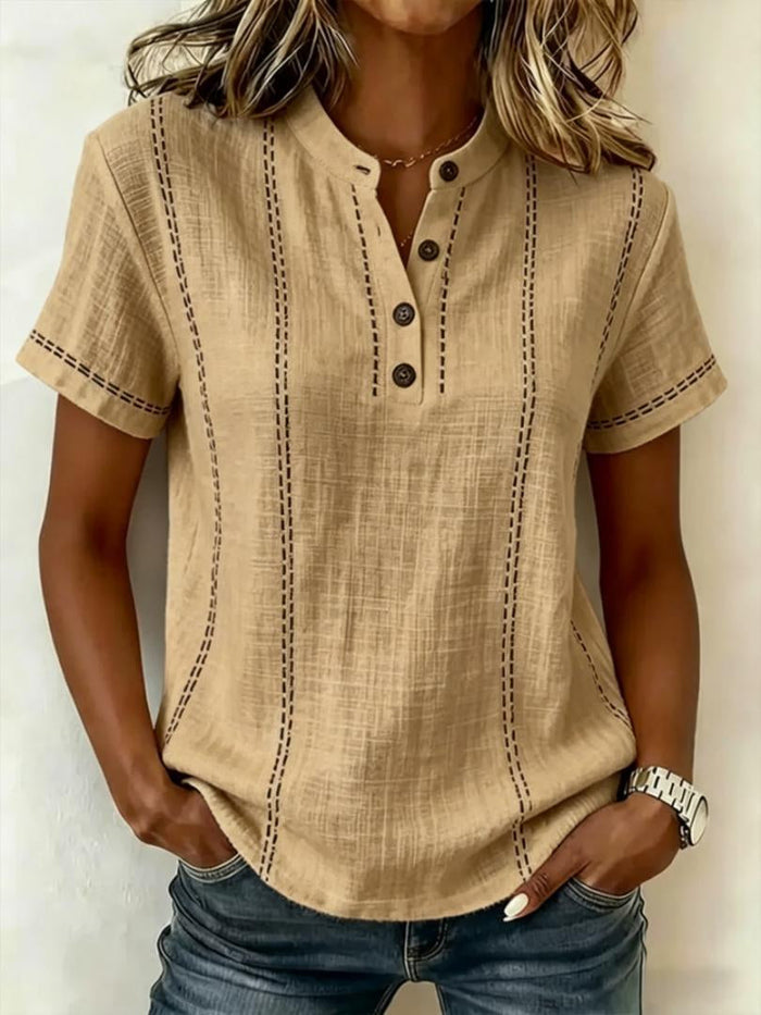 Summer Striped Short-Sleeve Shirts Casual Stand-Collar V-neck Button Blouse Womens Clothing