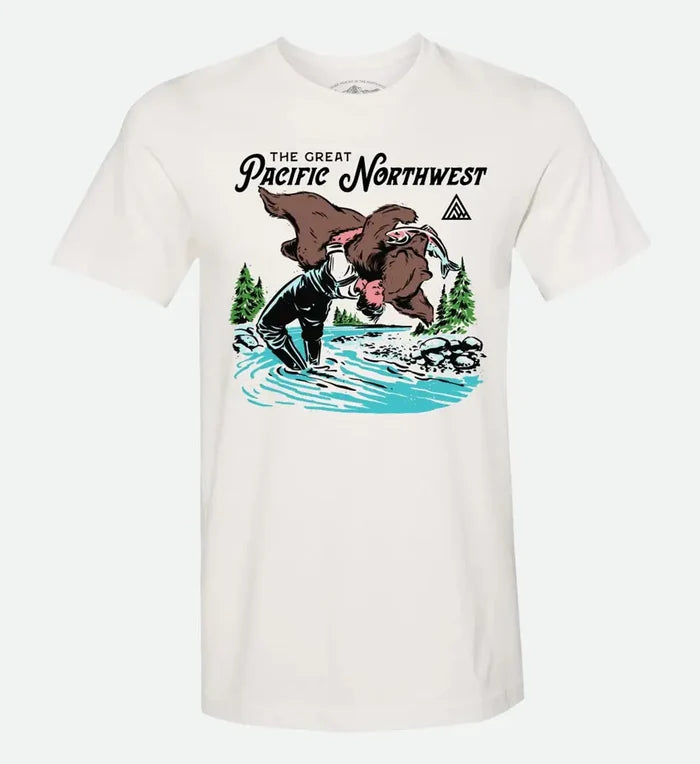 White Suplex Tee by The Great PNW featuring a graphic of a man in a river suplexing a brown bear holding a fish.