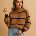 Sweater Women High Neck Long Sleeve Striped Pattern Loose Fit Cut