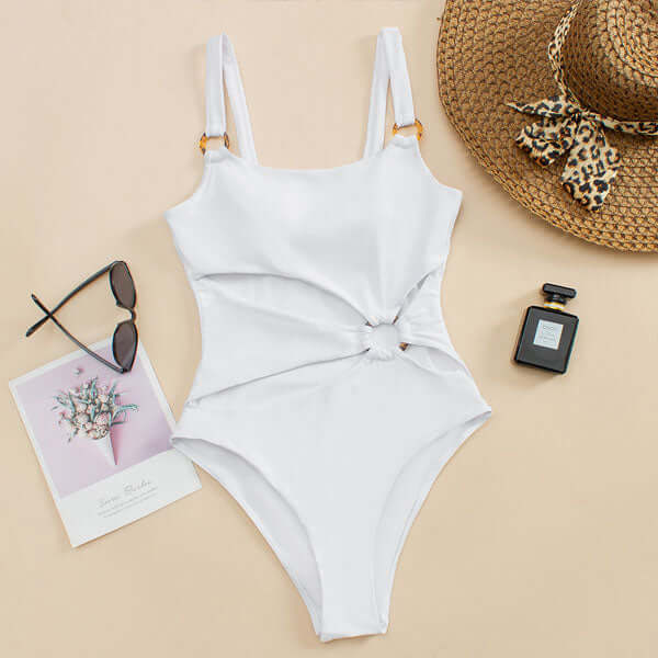 Swimsuit Women Straight Neck Cut Out Front Rings Detail