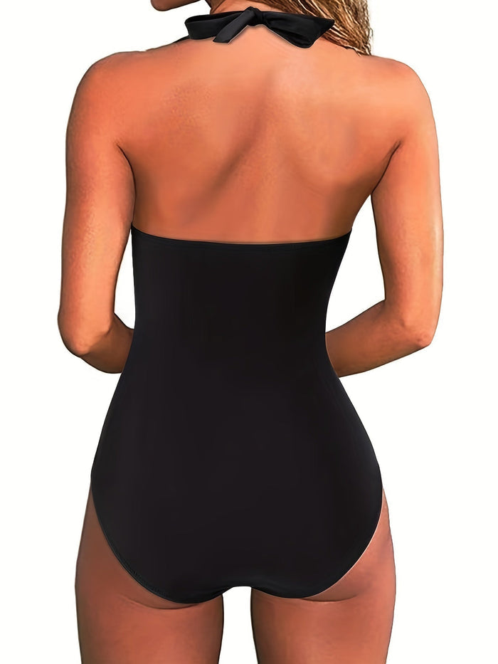 Swimsuit Women V Neck Halter Backless One Piece Ruched Waist