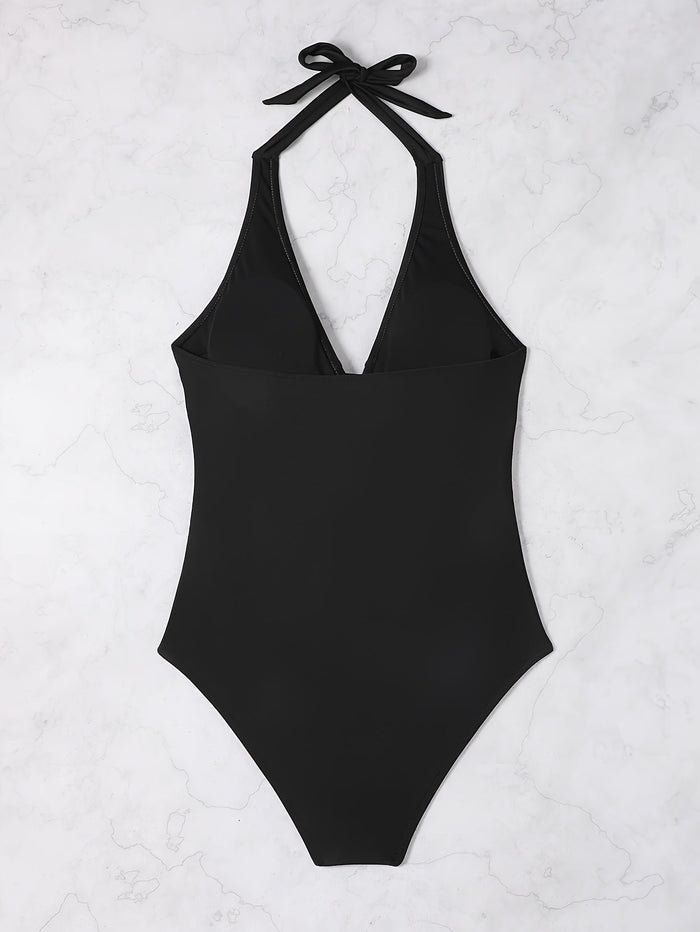 Swimsuit Women V Neck Halter Backless One Piece Ruched Waist