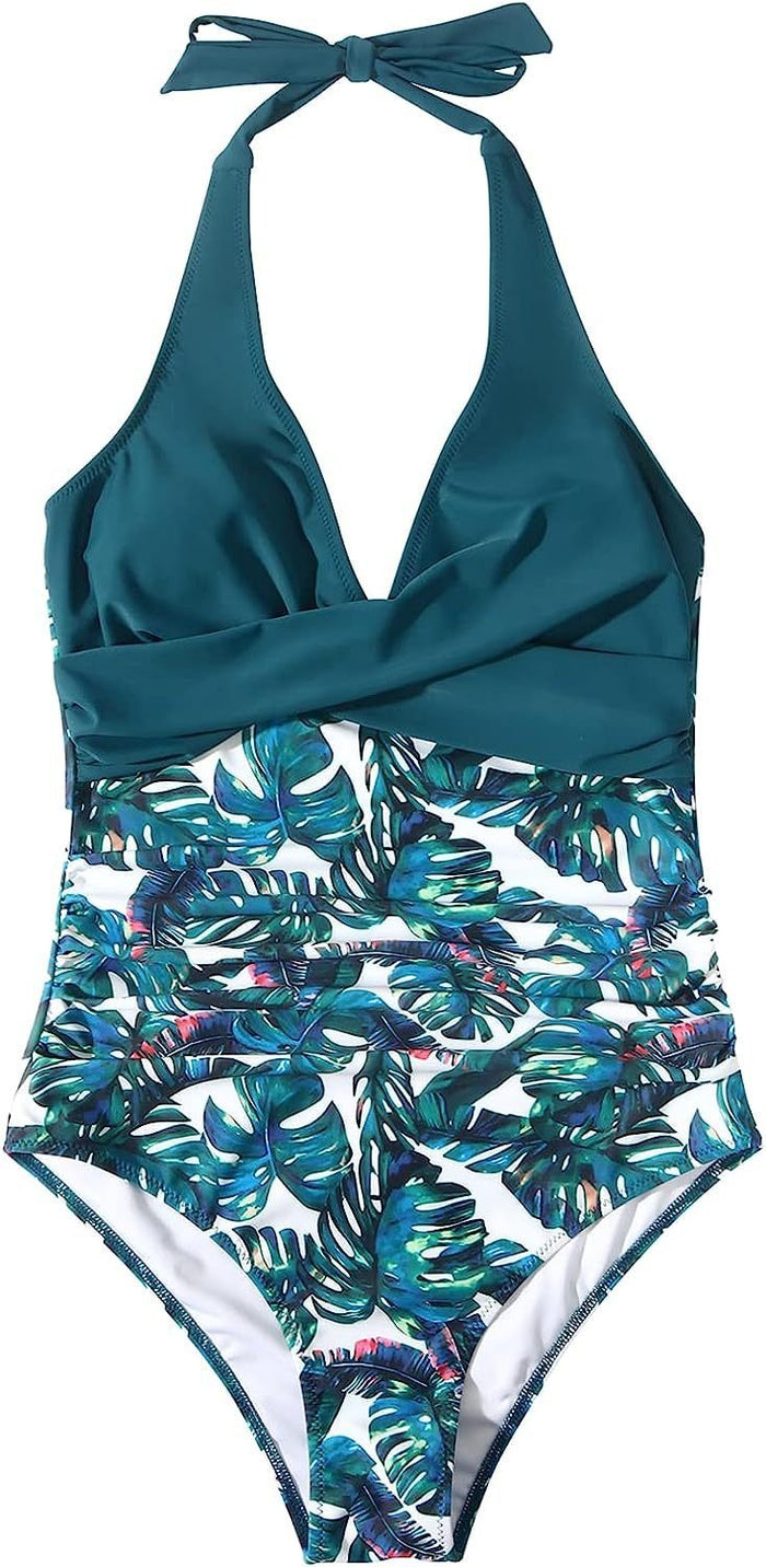 Swimsuit Women V Neck Halter Backless One Piece Ruched Waist