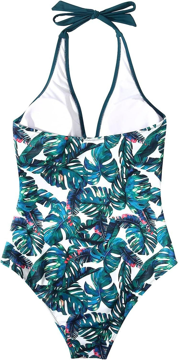 Swimsuit Women V Neck Halter Backless One Piece Ruched Waist