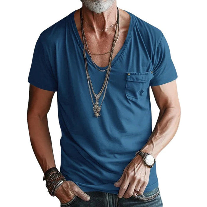 T-Shirt Men V-Neck Short Sleeve Rolled Cuffs Chest Pocket Casual Fit