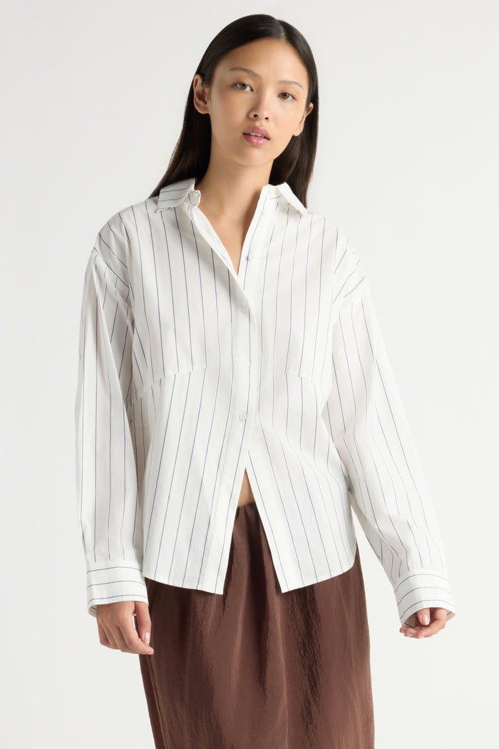 May-Li | Tarinah Front-Split Striped Shirt in Size Small