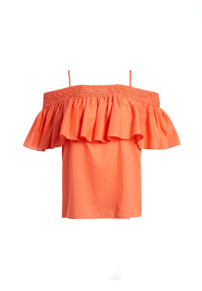 TAYA SMOCKED CLD SHLDR BLOUSE - CORAL