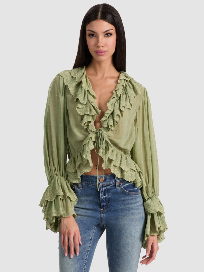 TENNEY EMBR DEEP V RUFFLE CROPPED TOP - SAGE