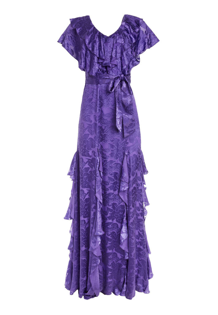 TESSA RUFFLE GODET DRESS - BAROQUE FLORAL-ELECTRIC PURPLE