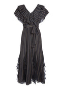 TESSA RUFFLE GODET MIDI DRESS - PINSTRIPE