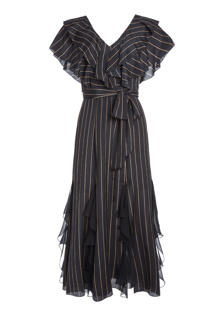 TESSA RUFFLE GODET MIDI DRESS - PINSTRIPE