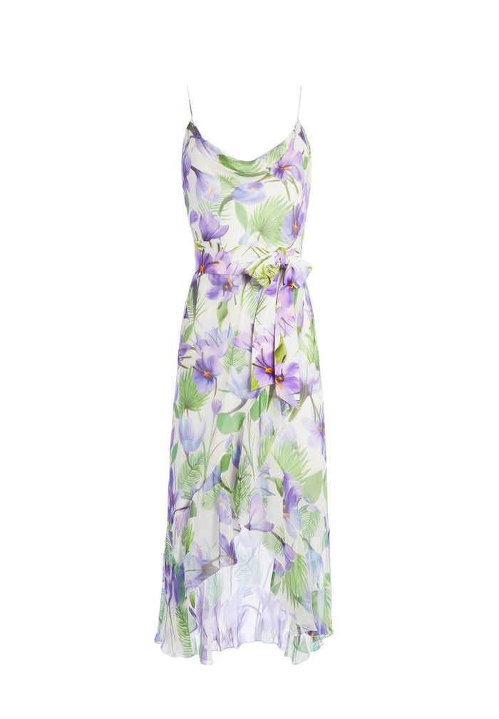 TEVI COWL NK RUFFLE DRESS - FLORAL PALM CREAM