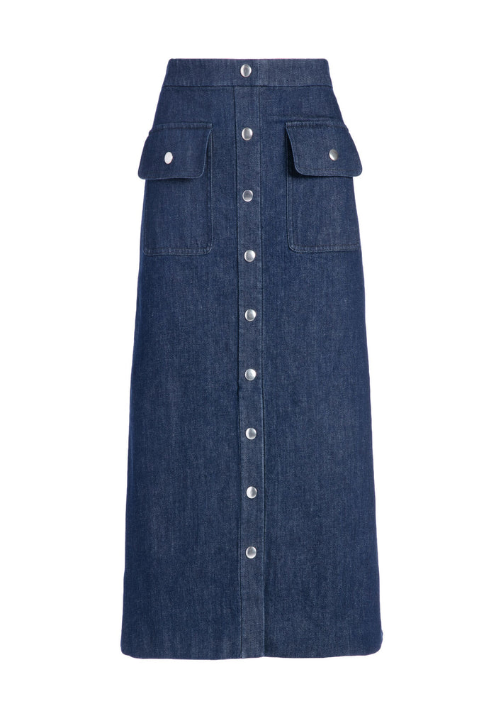 TOWNES SNAP FRNT MIDI SKIRT - INDIGO