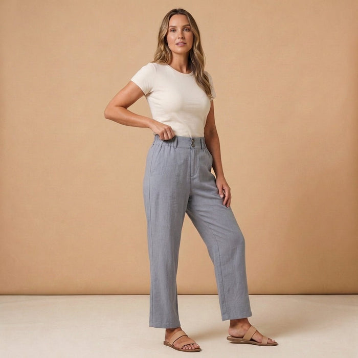 Trousers Women Linen High Waist Wide Fit Elasticated Waistband