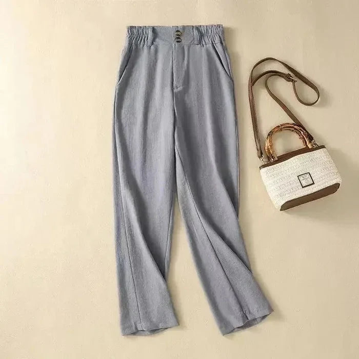 Trousers Women Linen High Waist Wide Fit Elasticated Waistband
